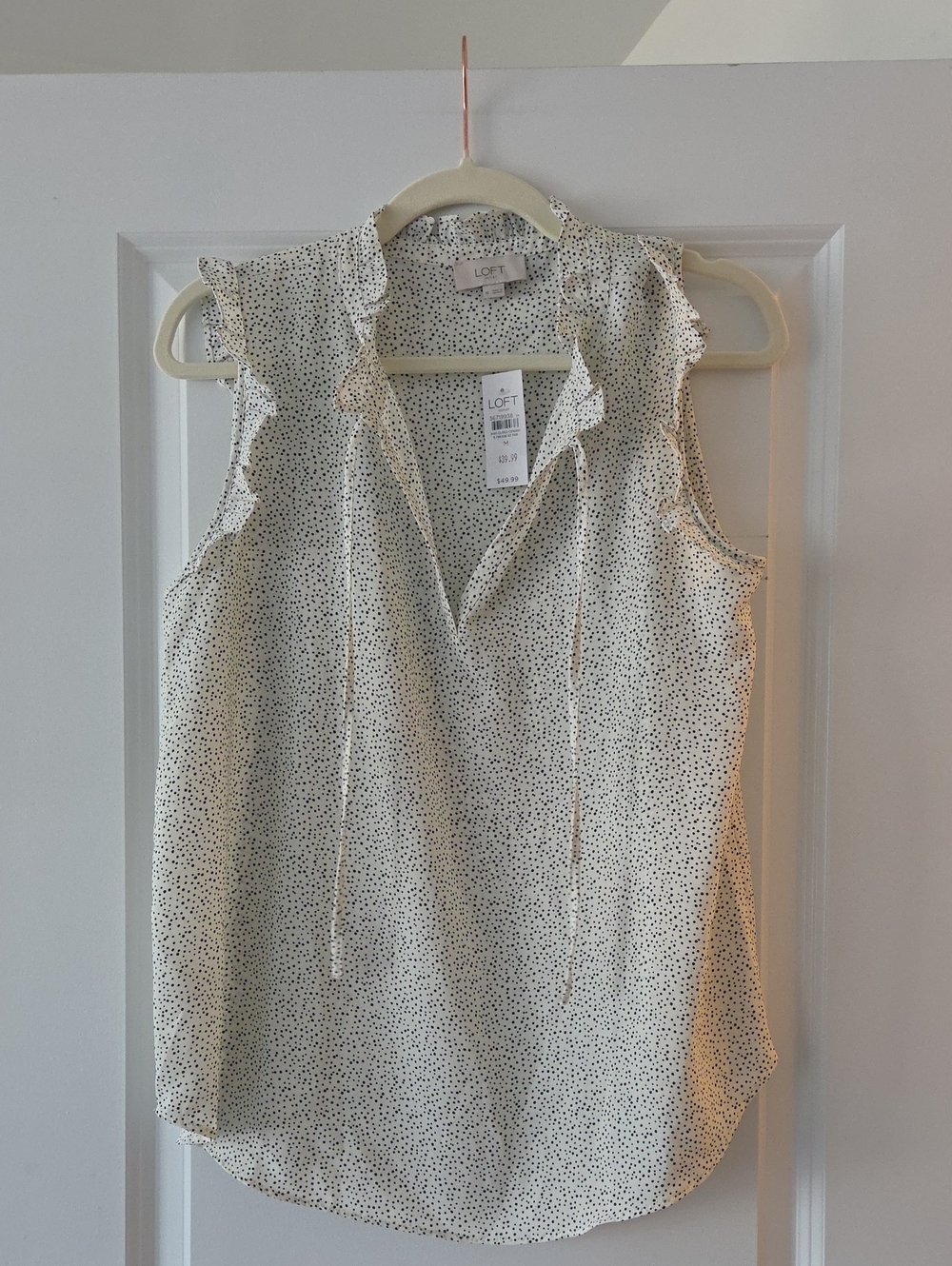 LOFT Cream Sleeveless Dot Tie-Neck Ruffle Blouse